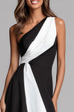 Black and White One Shoulder Ruched Sheath Long Formal Dress