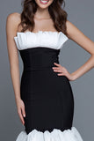 Black and White Strapless Mermaid Ruffled Long Formal Dress
