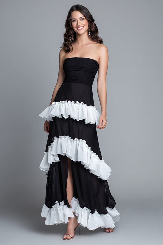 Black and White Sheath Ruffled Strapless Long Formal Dress with Slit