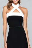 Black and White Sheath Halter Tea Length Formal Dress with Slit