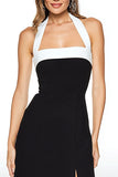 Black and White Sheath Halter Tea Length Formal Dress with Slit