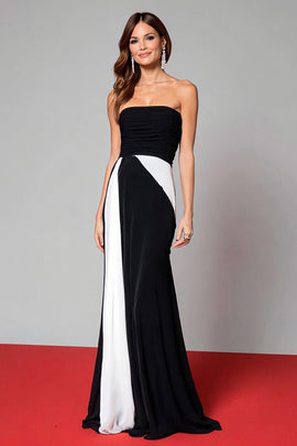 Black and White Ruched Mermaid Strapless Long Formal Dress