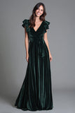 Dark Green V-Neck A-Line Velvet Long Holiday Party Dress with Ruffles