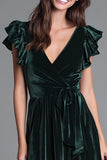 Dark Green V-Neck A-Line Velvet Long Holiday Party Dress with Ruffles