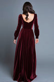 Burgundy Long Sleeves A-Line Velvet Long Holiday Party Dress with Slit