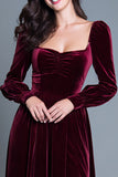 Burgundy Long Sleeves A-Line Velvet Long Holiday Party Dress with Slit