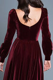 Burgundy Long Sleeves A-Line Velvet Long Holiday Party Dress with Slit
