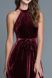 Burgundy A-Line Halter Velvet Long Holiday Party Dress with Slit