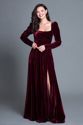 Zapaka Women Burgundy A-Line Velvet Long Formal Dress with Slit Long Sleeves Square Neck Evening Dress, Burgundy / US16W