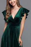 Dark Green V-Neck A-Line Velvet Long Holiday Party Dress with Slit