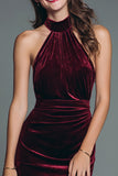 Burgundy Halter Mermaid Velvet Ruched Long Holiday Party Dress with Slit
