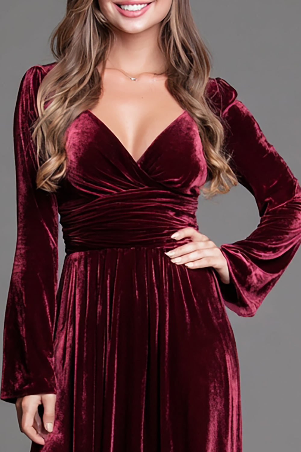 Zapakasa Women Burgundy Velvet Long Sleeves Holiday Party Dress A-Line