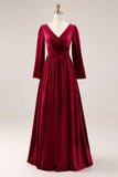 Burgundy Velvet V-Neck A-Line Long Sleeves Holiday Party Dress
