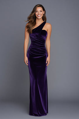 Plum One Shoulder Mermaid Velvet Ruched Long Holiday Party Dress