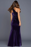 Plum One Shoulder Mermaid Velvet Ruched Long Holiday Party Dress