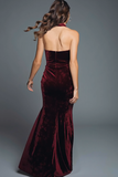 Burgundy Halter Velvet Mermaid Long Holiday Party Dress with Slit