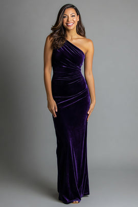 Plum Mermaid One Shoulder Velvet Ruched Long Holiday Party Dress