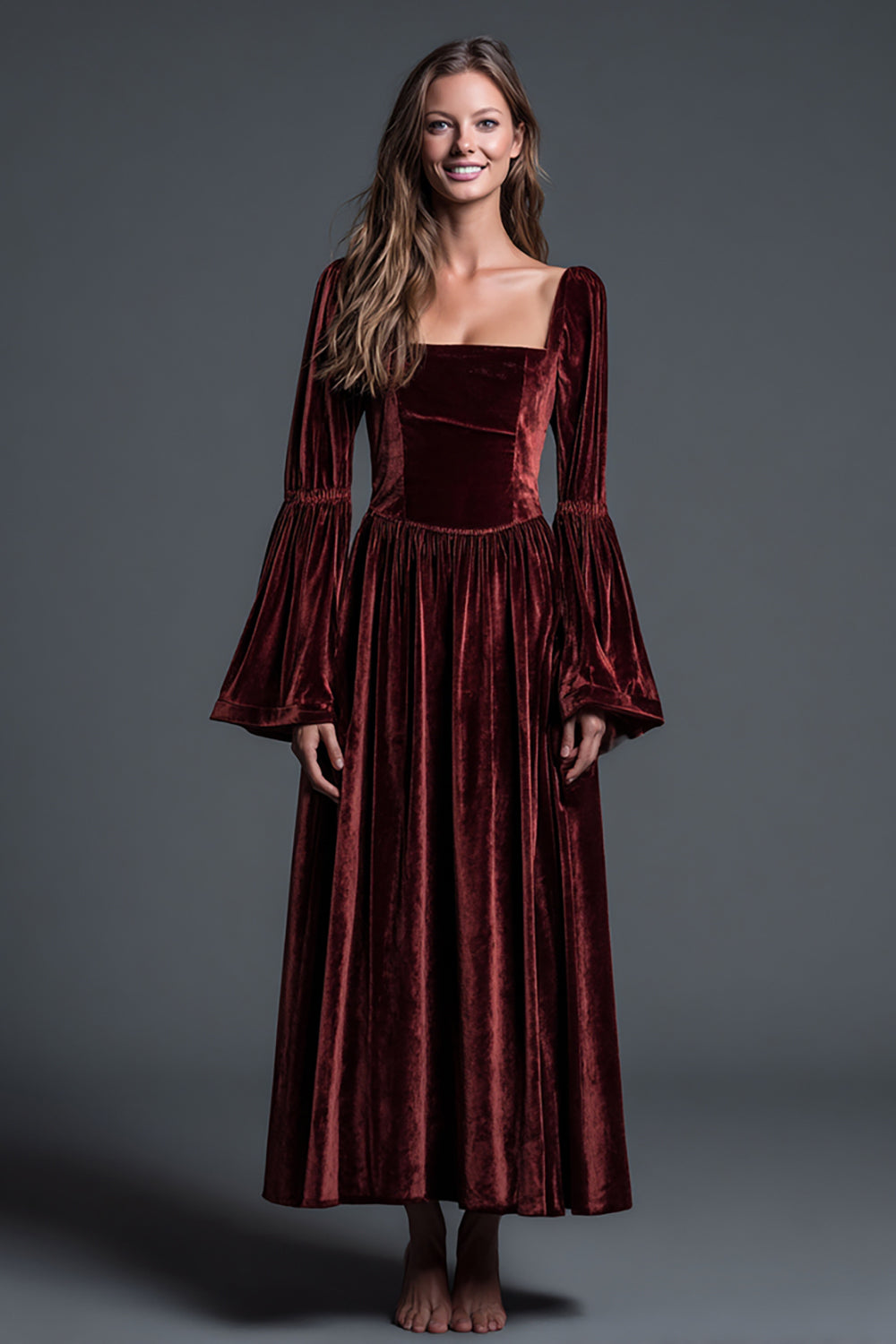 Zapakasa Women Burgundy Velvet Long Sleeves Ankle Length Holiday Party