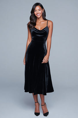 Black Spaghetti Straps Velvet A-Line Tea Length Holiday Party Dress