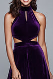 Plum Halter Velvet Cut-Out A-Line Tea Length Holiday Party Dress