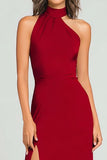 Burgundy Halter Sheath Long Formal Dress with Slit