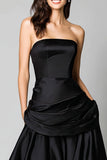 Black Strapless A-Line Satin Ruched Long Formal Dress