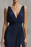 Navy Deep V-Neck Chiffon Sheath Long Formal Dress with Slit