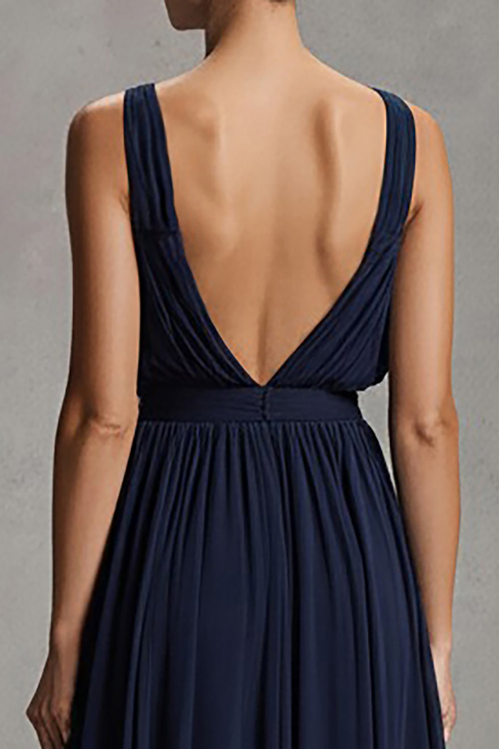 Navy Deep V-Neck Chiffon Sheath Long Formal Dress with Slit