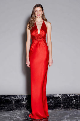 Red Halter Satin Mermaid Long Formal Dress with 3D Flower