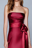 Burgundy Strapless Mermaid Satin Long Formal Dress with Bow