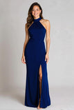 Navy Halter Satin Mermaid Backless Long Formal Dress with Slit
