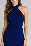 Navy Halter Satin Mermaid Backless Long Formal Dress with Slit