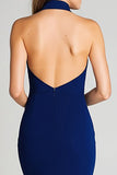 Navy Halter Satin Mermaid Backless Long Formal Dress with Slit