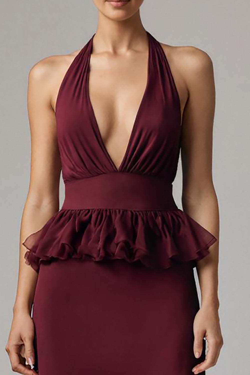 Burgundy Halter Sheath Chiffon Tea Length Formal Dress with Ruffles