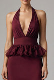 Burgundy Halter Sheath Chiffon Tea Length Formal Dress with Ruffles