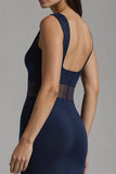 Simple Navy Boat Neck Satin Mermaid Long Formal Dress