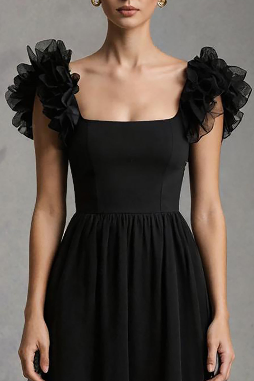 Black Square Neck A-Line Tulle Long Formal Dress with Ruffles