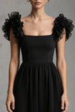 Black Square Neck A-Line Tulle Long Formal Dress with Ruffles