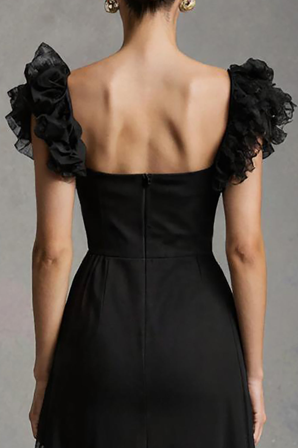Black Square Neck A-Line Tulle Long Formal Dress with Ruffles