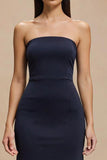 Simple Navy Strapless Satin Mermaid Long Formal Dress