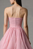 Pink Strapless A-Line Tulle Ruffled Ankle Length Pageant Dress