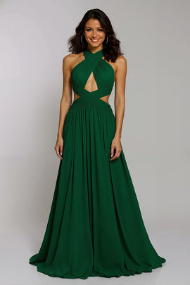 Dark Green Halter Chiffon Cut-Out A-Line Long Holiday Party Dress