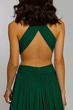 Dark Green Halter Chiffon Cut-Out A-Line Long Holiday Party Dress