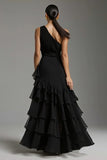 Black One Shoulder A-Line Chiffon Ruffled Long Formal Dress with Slit