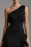 Black One Shoulder A-Line Chiffon Ruffled Long Formal Dress with Slit