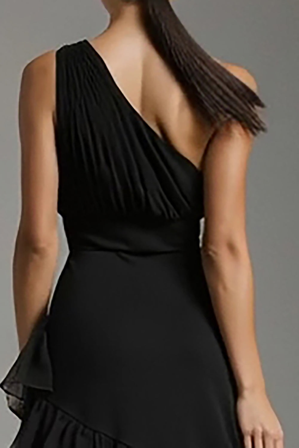 Black One Shoulder A-Line Chiffon Ruffled Long Formal Dress with Slit