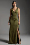 Simple Olive V-Neck Satin Mermaid Formal Dress with Slit