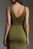 Simple Olive V-Neck Satin Mermaid Formal Dress with Slit