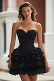 Black Sweetheart Satin A-Line Ruffled Corset Short Cocktail Dress