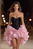 Black and Pink Sweetheart Organza A-Line Ruffled Short Cocktail Dress